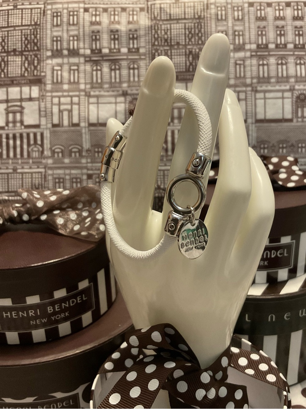 Never Worn Henri Bendel White Leather with Silver Influencer Charm Bracelet